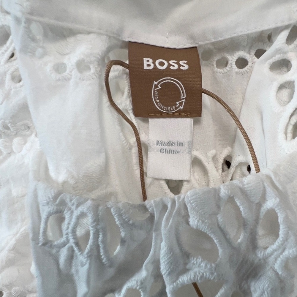 BOSS Dolara Crisp White Cotton Floral Eyelet Belt Midi Dress Slip Lining Size 0 - Picture 5 of 13